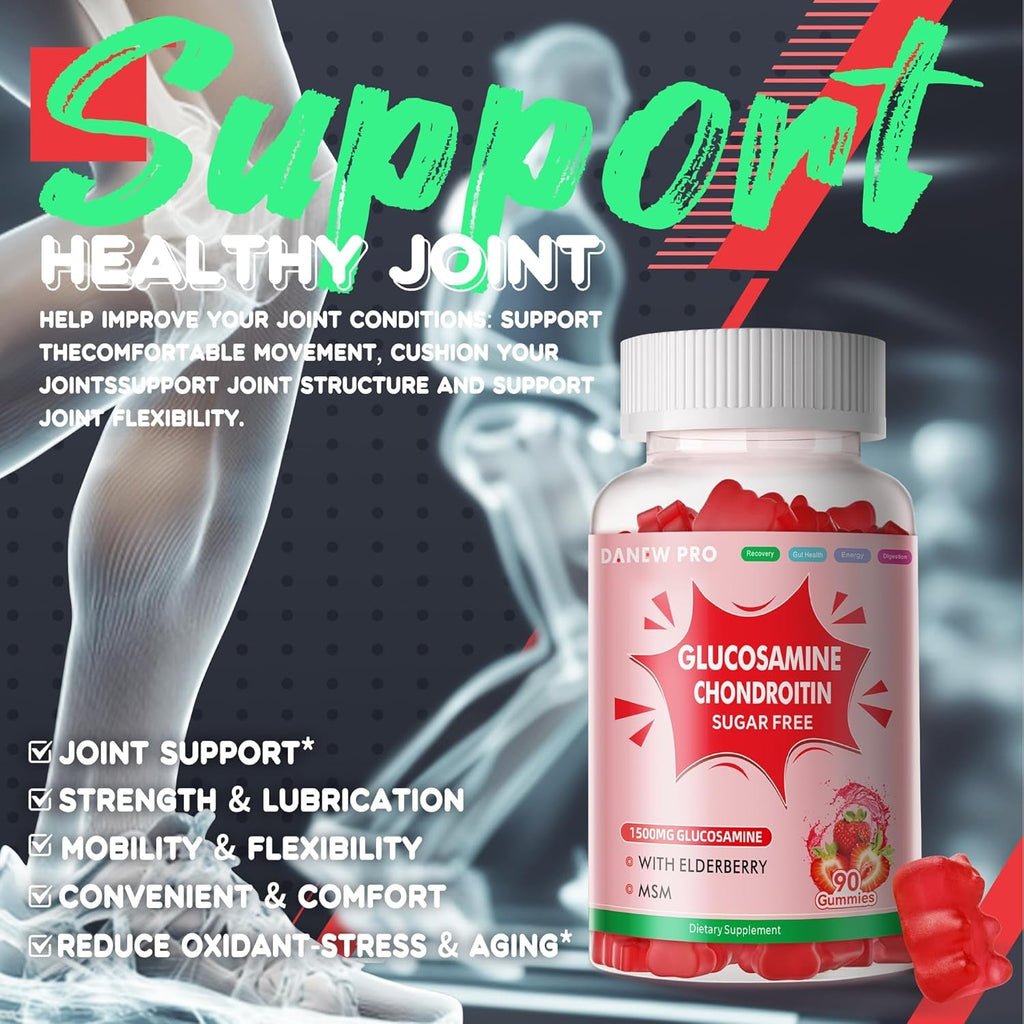 DANEW Pro Glucosamine Chondroitin Gummies with MSM & Elderberry Extra Strength - Joint Support, Antioxidant Immune Support Supplement for Adults, Men & Women.90 Strawberry Gummies