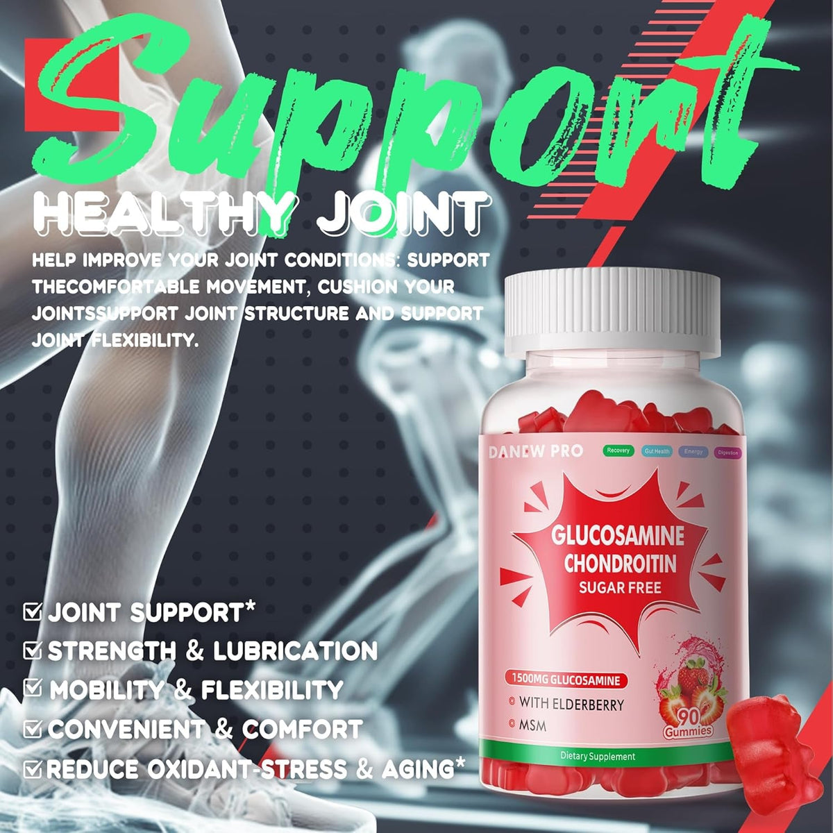 DANEW Pro Glucosamine Chondroitin Gummies with MSM & Elderberry Extra Strength - Joint Support, Antioxidant Immune Support Supplement for Adults, Men & Women.90 Strawberry Gummies