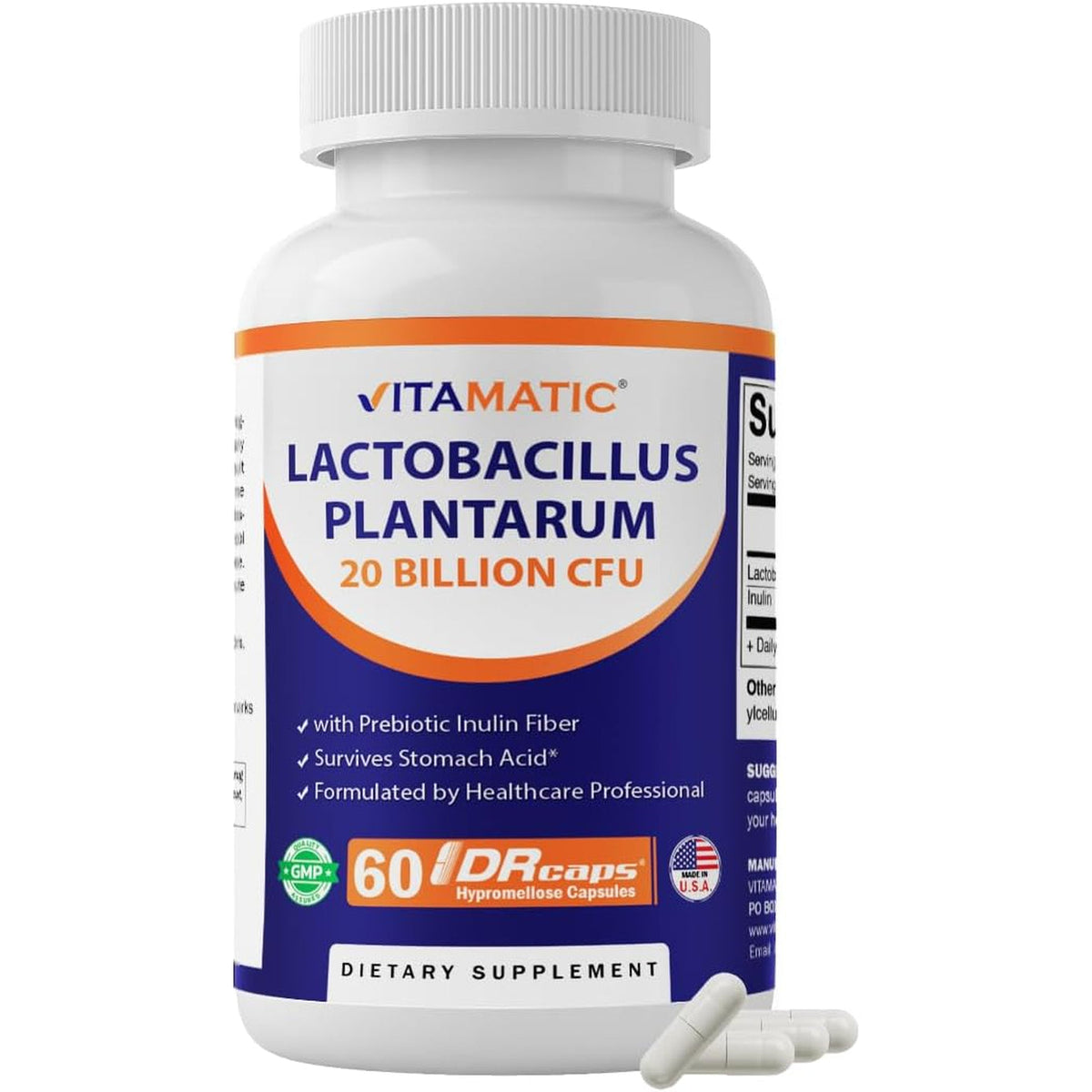 Vitamatic Lactobacillus Plantarum - 20 Billion per DR Capsule - 60 Count - Digestive Support - Made with Prebiotic Inulin Fiber