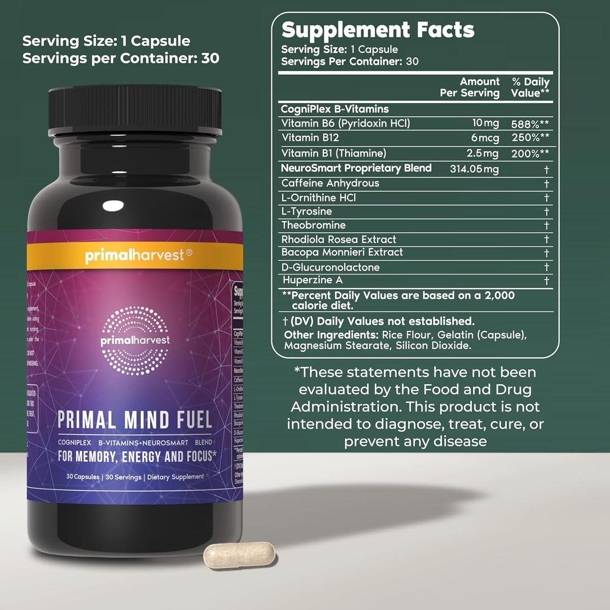 Brain Supplement by Primal Harvest, Primal Mind Fuel Brain Booster for Focus, Energy, Clarity, and Brain Health 30 Capsules Nootropics Brain Support Supplement for Men and Women
