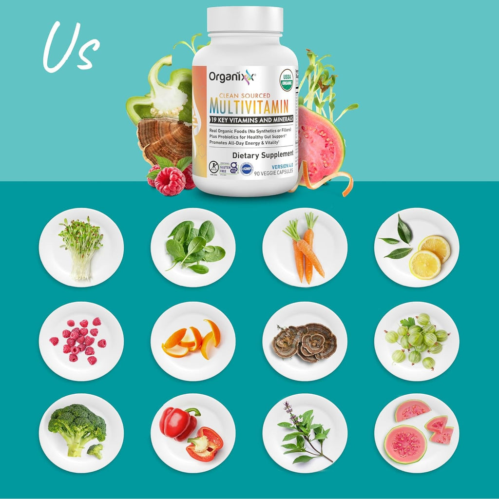 Organixx Clean Sourced Multivitamin for Women & Men, W/Vitamin C, D3, Vitamin B Complex, Probiotics, Organic Fruits & Vegetables, Supports Digestive Gut Health, Immune Support, 90 Vegan Gel Capsules