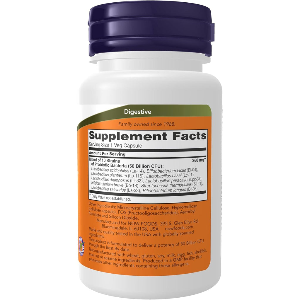 NOW Foods Supplements, Probiotic-10™, 50 Billion, with 10 Probiotic Strains, Strain Verified, 50 Veg Capsules