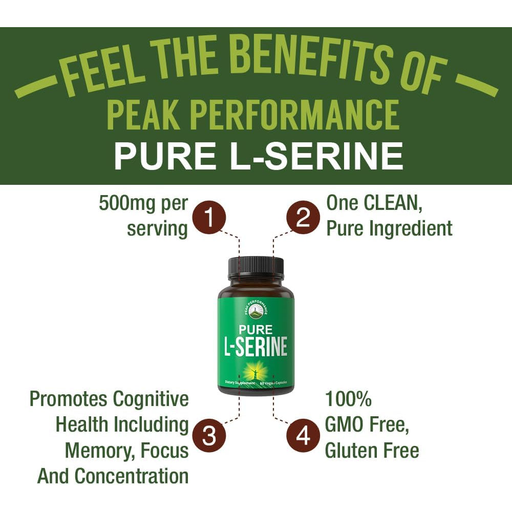 Peak Performance L-Serine Capsules 500Mg Best Brain and Nootropic Amino Acids for Production of L-Cystine, L-Tryptophan and Serotonin - USA Grade Pills - Gluten Free, Non-Gmo Supplement - 60 Servings