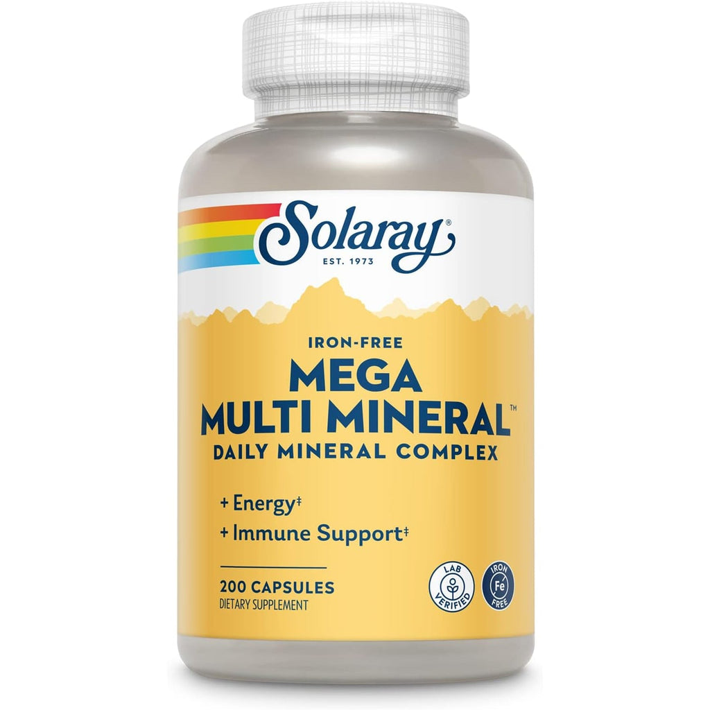 SOLARAY Mega Multi Mineral, Iron Free - Daily Mineral Supplement W/Trace Minerals, Electrolytes, Calcium, Magnesium, Zinc, Selenium, Boron -Cellular Energy, Immune Support, 60-Day Guarantee, 50 Serv