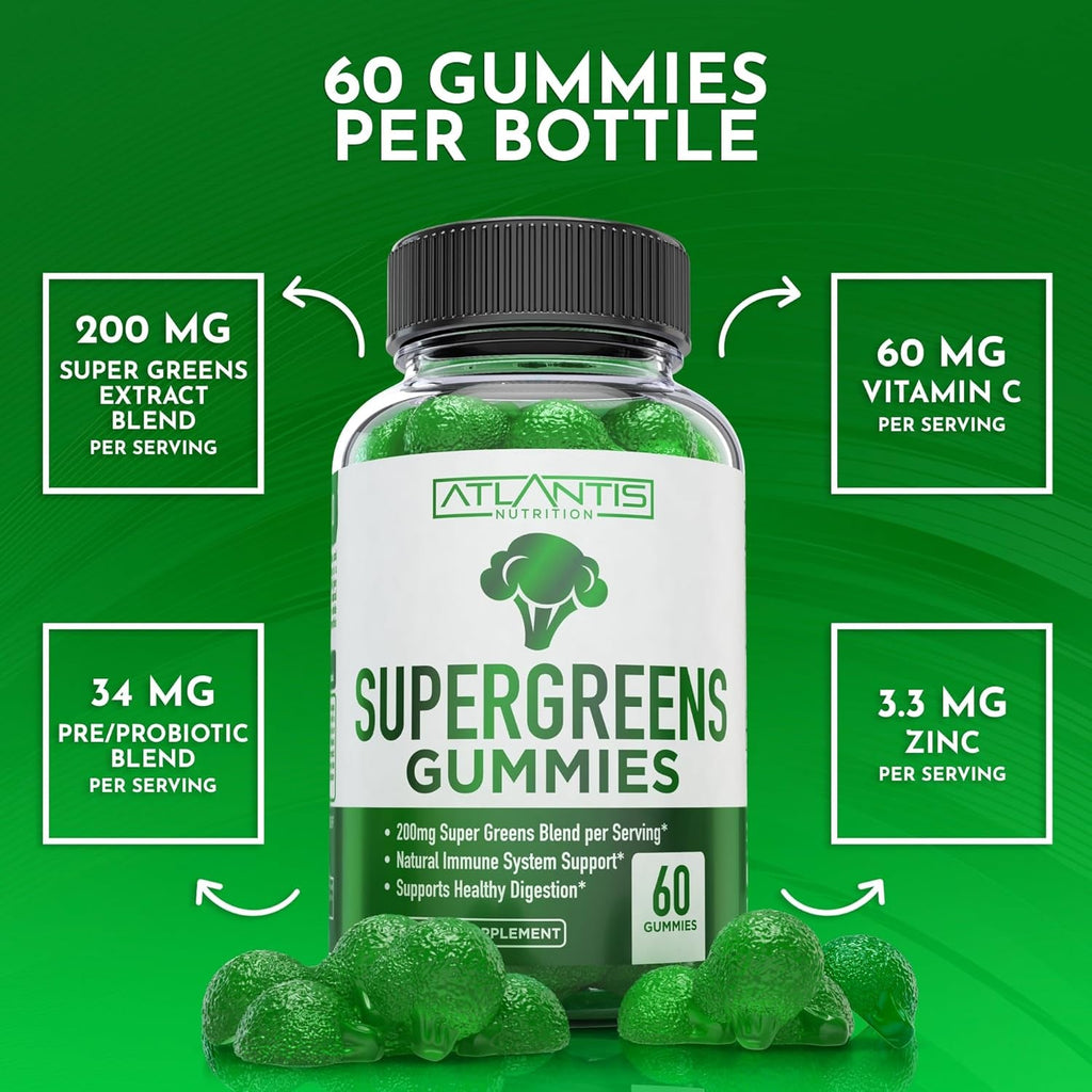 Atlantis Nutrition Supergreens Gummies - Daily Green Superfoods Supplement with Spinach, Broccoli, Moringa, Beet Root, Celery, Green Tea, & Acai for Immunity Support - Natural Raspberry Flavor, 60 Cnt