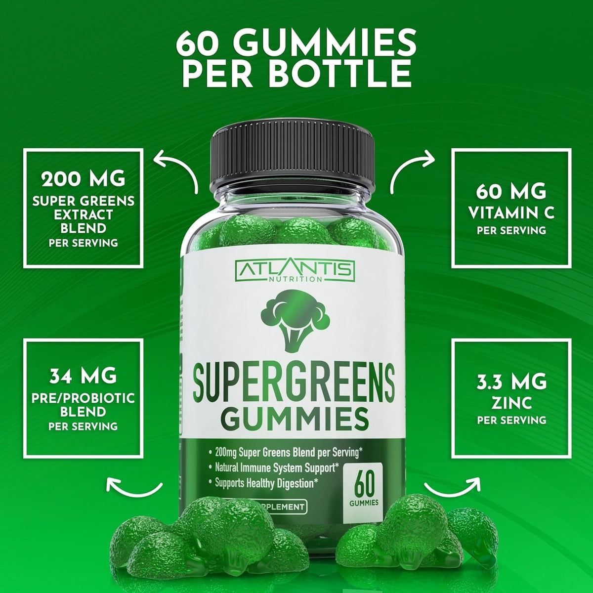 Atlantis Nutrition Supergreens Gummies - Daily Green Superfoods Supplement with Spinach, Broccoli, Moringa, Beet Root, Celery, Green Tea, & Acai for Immunity Support - Natural Raspberry Flavor, 60 Cnt