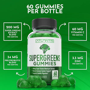Atlantis Nutrition Supergreens Gummies - Daily Green Superfoods Supplement with Spinach, Broccoli, Moringa, Beet Root, Celery, Green Tea, & Acai for Immunity Support - Natural Raspberry Flavor, 60 Cnt