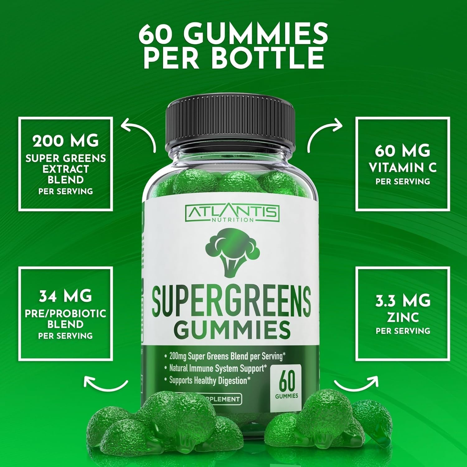 Atlantis Nutrition Supergreens Gummies - Daily Green Superfoods Supplement with Spinach, Broccoli, Moringa, Beet Root, Celery, Green Tea, & Acai for Immunity Support - Natural Raspberry Flavor, 60 Cnt