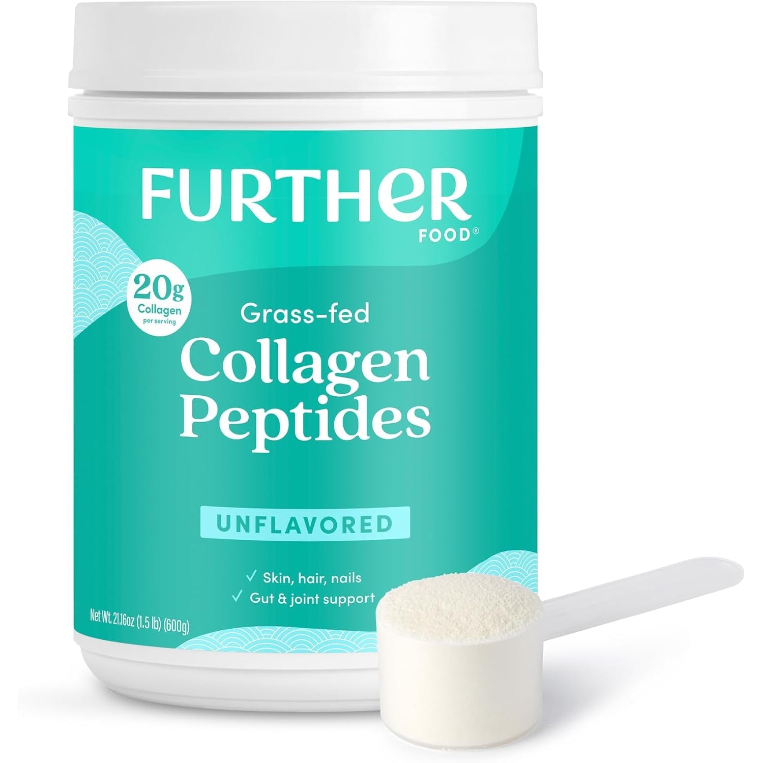 Further Food Unflavored Collagen Peptides Powder - 100% Grass-Fed, Hydrolyzed Type 1 & 3, 20G of Collagen per Serving, Supports Skin, Hair, Nails & Joints, 21.16 Oz