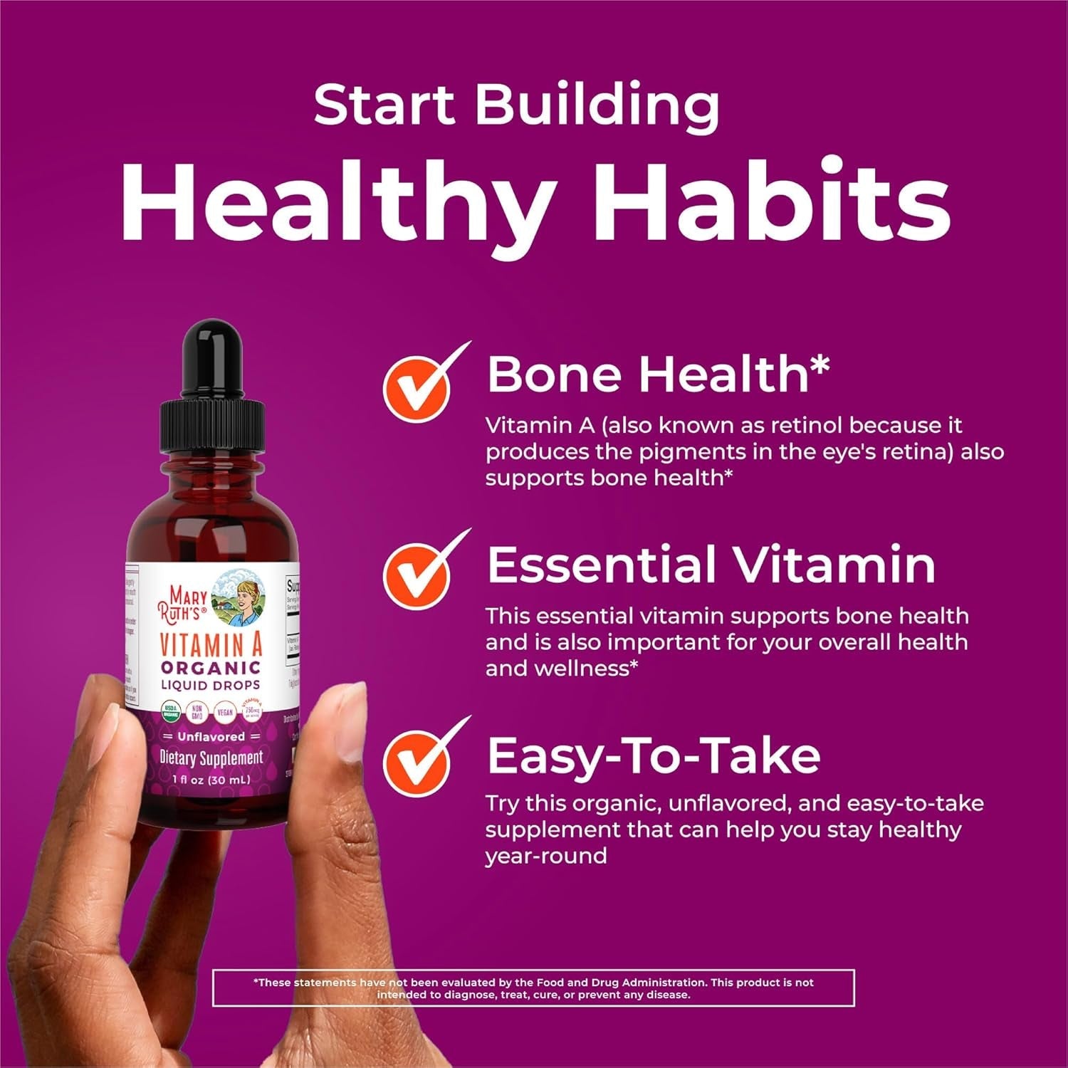 MARYRUTH'S Organics USDA Organic Vitamin a Liquid Drops | 3 Month Supply | Bone Health for Ages 14+ | Essential Vitamin | 750Mcg per Serving | Sugar Free | Vegan | Non-Gmo | Gluten Free | 1Oz