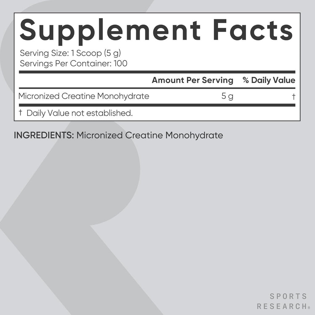 Sports Research Creatine Monohydrate - Gain Lean Muscle, Improve Performance and Strength and Support Workout Recovery* - 5 G Micronized Creatine - 17.64 Oz