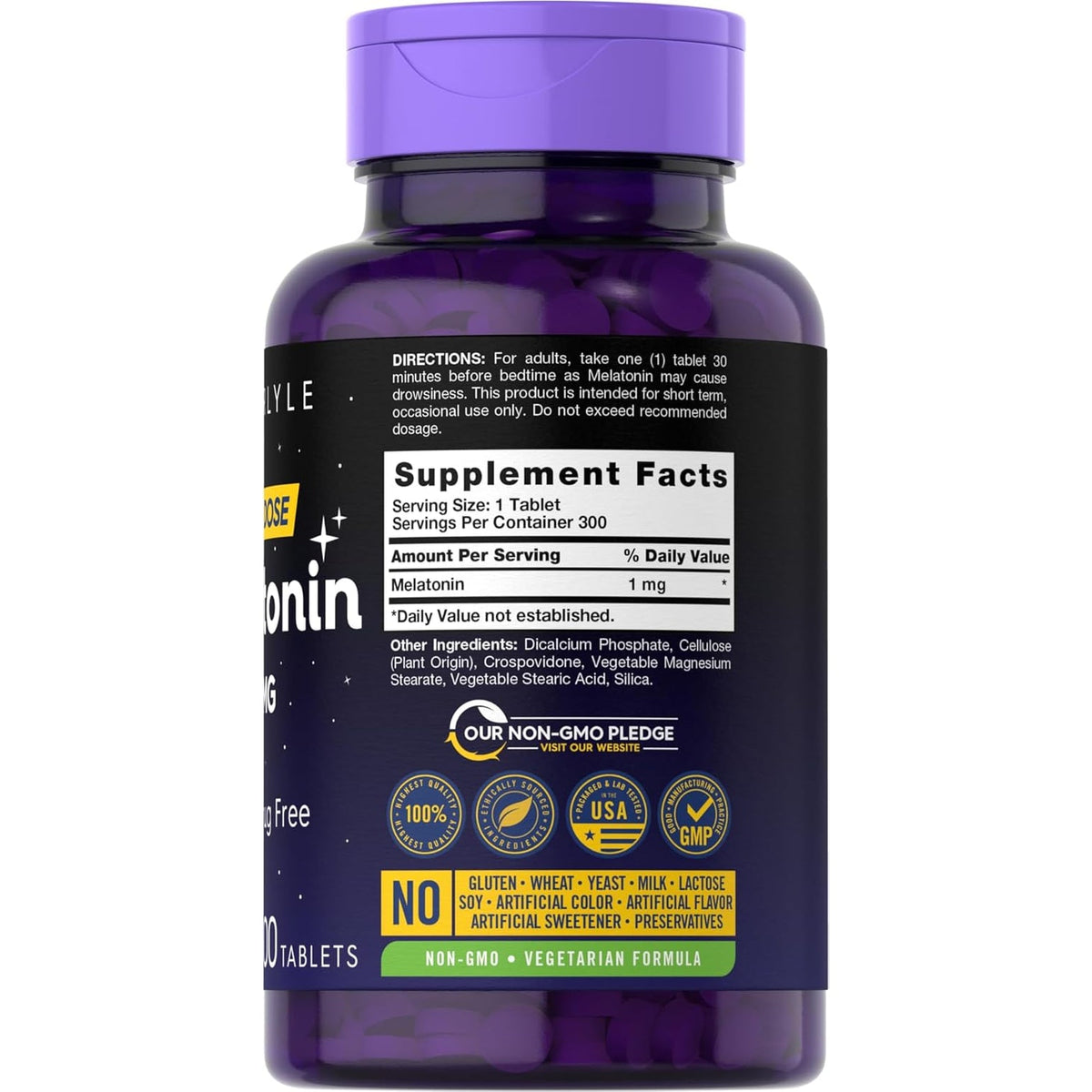 Carlyle Melatonin 1 Mg | 300 Low Dose Tablets | Drug Free Aid | Vegetarian, Non-Gmo, Gluten Free