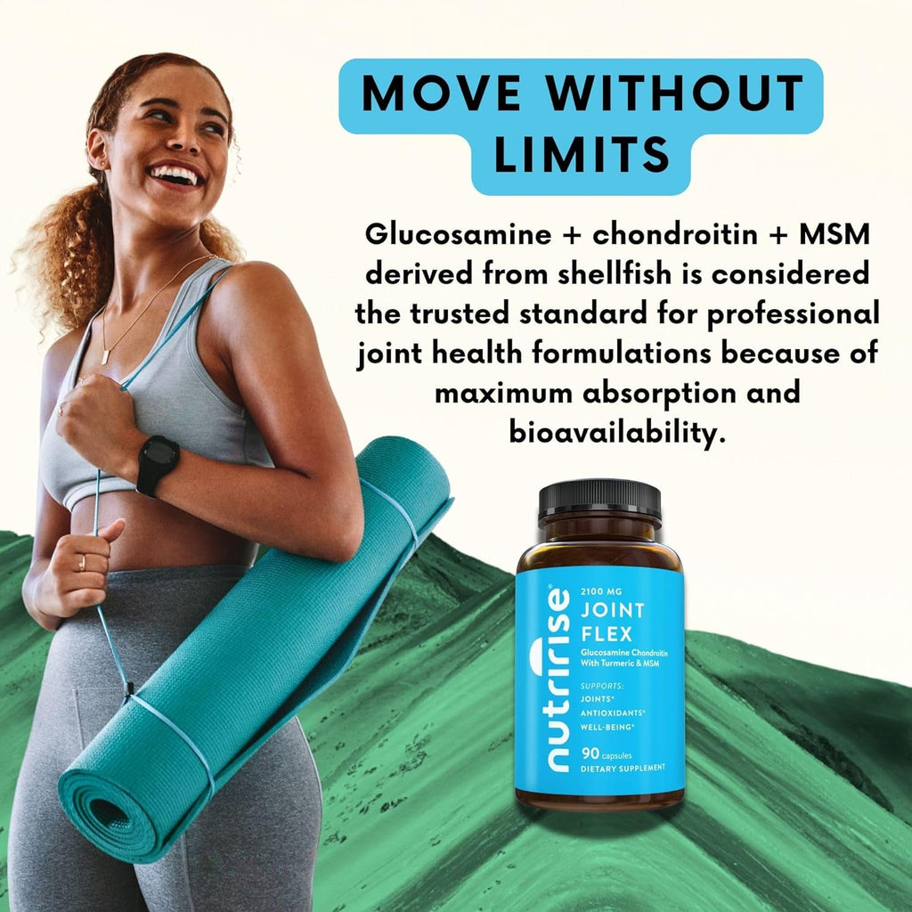 Nutririse Glucosamine Chondroitin Quercetin & MSM with Turmeric Curcumin 2100Mg Triple Strength Joint Support Supplement for Women & Men with Boswellia & Bromelain, Gluten Free, Non GMO, 90 Count