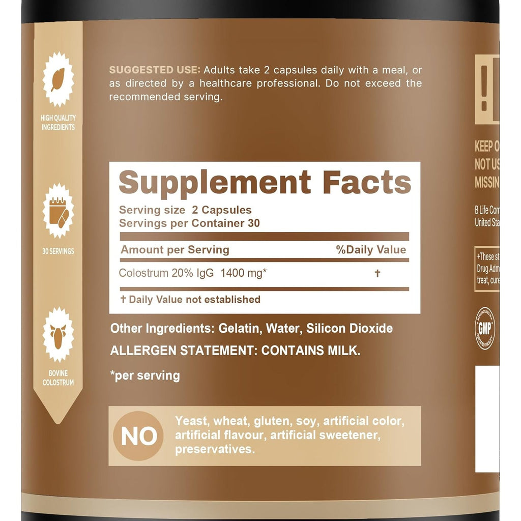 B Life Company Blife Bovine Colostrum Supplement 1400Mg – Immune & Gut Health Support – Colostrum Capsules for Digestive Health – Immune Support Supplement – 60 Capsules (30 Servings)