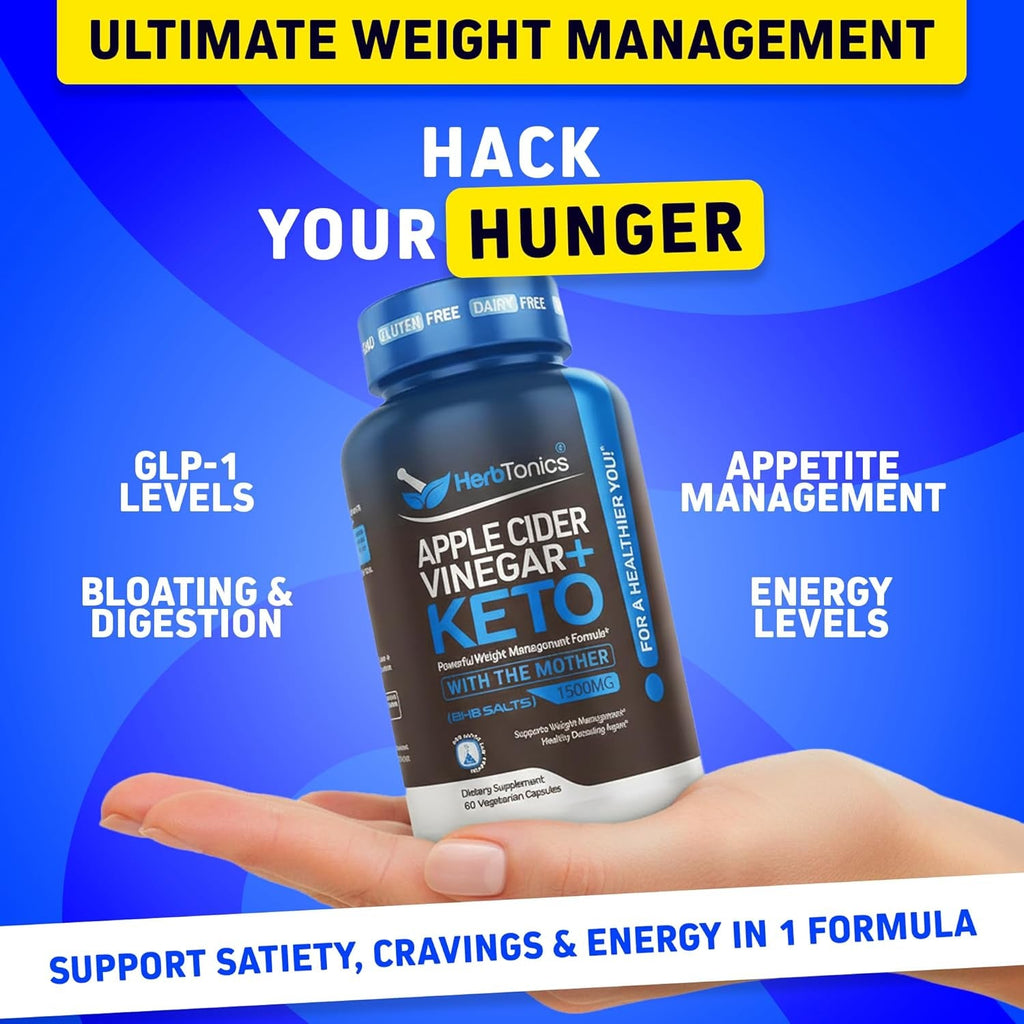 Herbtonics Apple Cider Vinegar + Keto BHB Capsules | GLP-1 Support for Appetite, Cravings & Weight Management | Metabolism Support with Satiety Support | 60 Capsules - 1 Month Supply