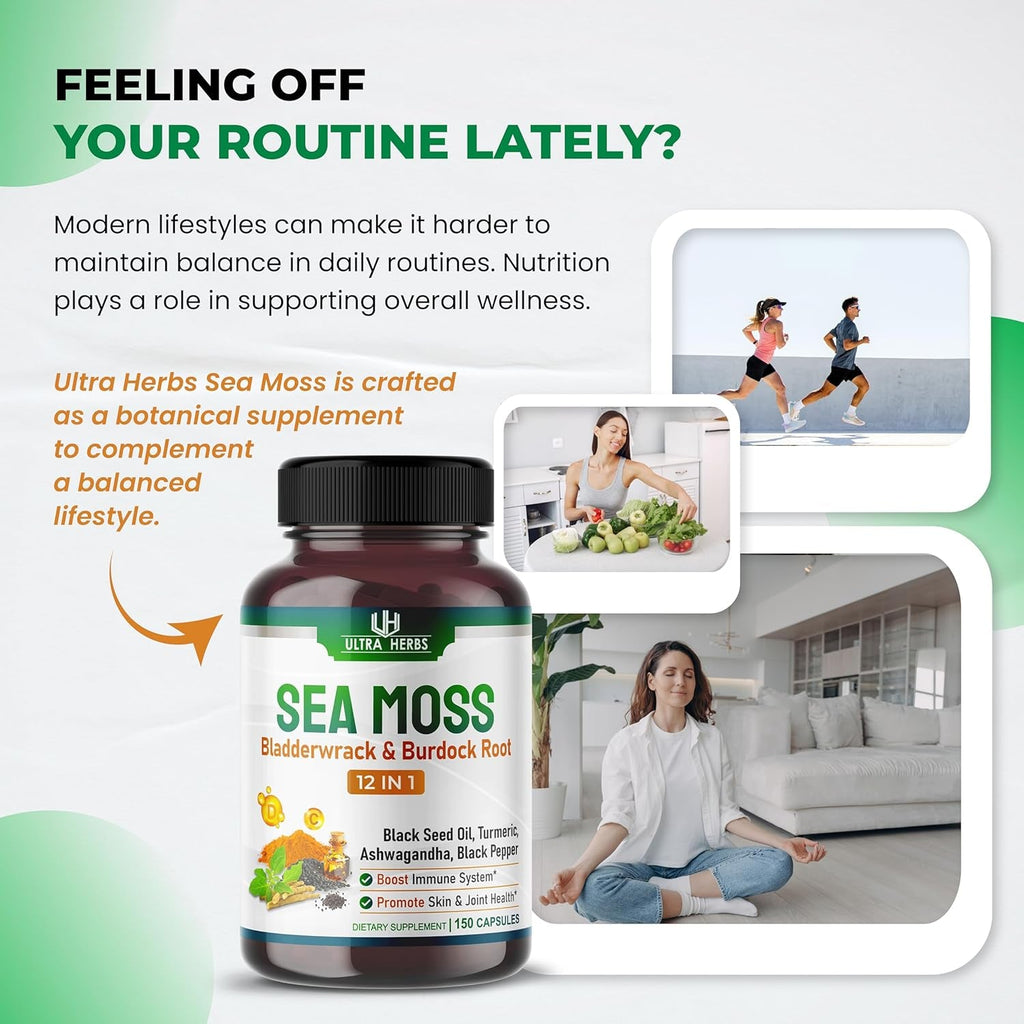 Organic Sea Moss Capsules with Black Seed Oil, Ashwagandha, Burdock Root, Bladderwrack for Immune System, Gut, Skin & Energy (150 Count (Pack of 1))