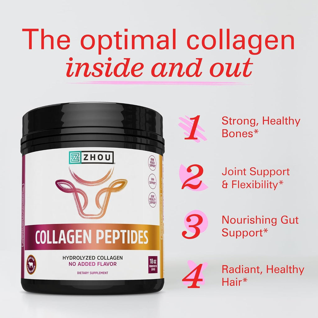 Zhou Collagen Peptides - Pure Hydrolized Collagen Powder for Women & Men, Grass Fed Natural Bovine Collagen for Skin, Hair Growth, Joints & Bones - 18 Oz Jar (46 Servings)