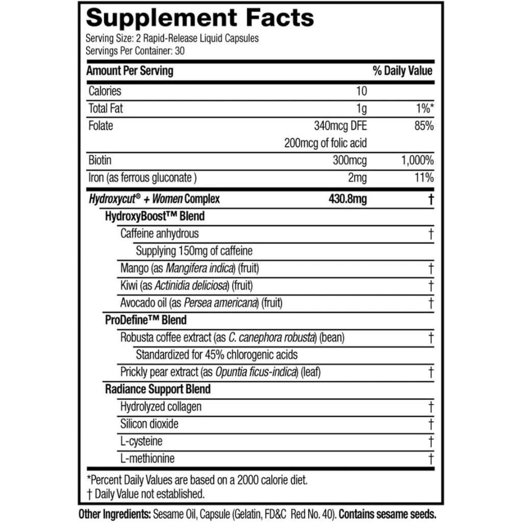 Hydroxycut +Women - Thermogenic Support Formula - Energy & Metabolism Support - C. Canephora Robusta, Collagen, Biotin, Iron & Folate - Rapid Release Liquid Capsules