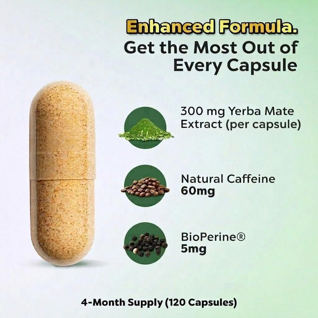 Extra Strength Yerba Mate High Potency, 60Mg Caffeine per Capsule, Extract Pills Supplements for Clean Natural Energy, Made in USA - 120 Caps