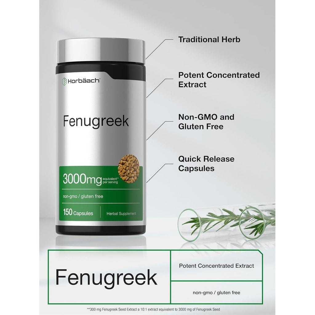 Horbäach Fenugreek Capsules | 150 Count | Non-Gmo & Gluten Free Extract | Fenugreek Seeds