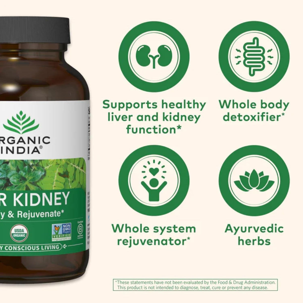 ORGANIC INDIA Liver Kidney Herbal Supplement - Detoxify & Rejuvenate, Supports Healthy Liver & Kidney Function, Vegan, Gluten-Free, Kosher, USDA Certified Organic, Non-Gmo - 180 Capsules