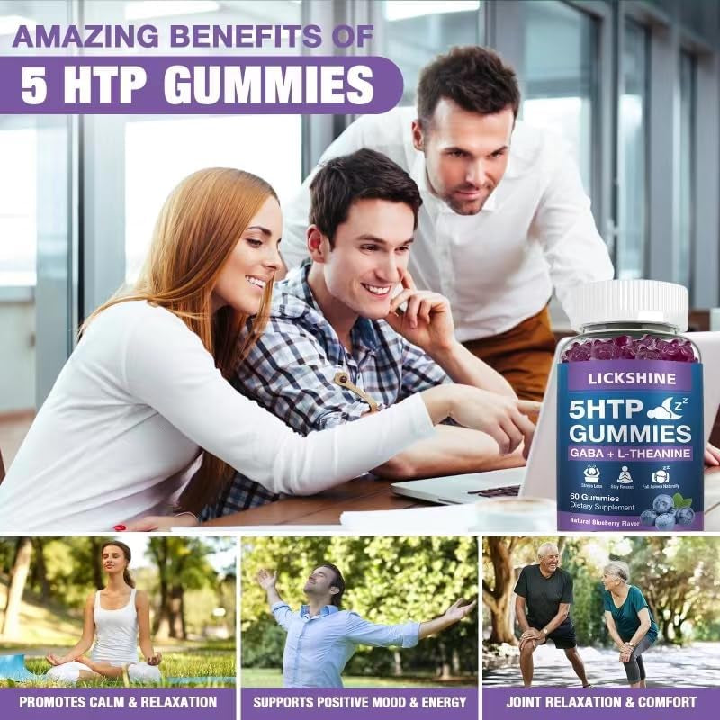 2 Pack 300MG 5-HTP GABA Sleep Supplement Gummies with 200Mg L-Theanine Supplement for Brain, Mood Stabilizer and Sleep Support, Melatonin-Free, Omega 3-6-9 for Natural Zzzs, Blueberry Flavor