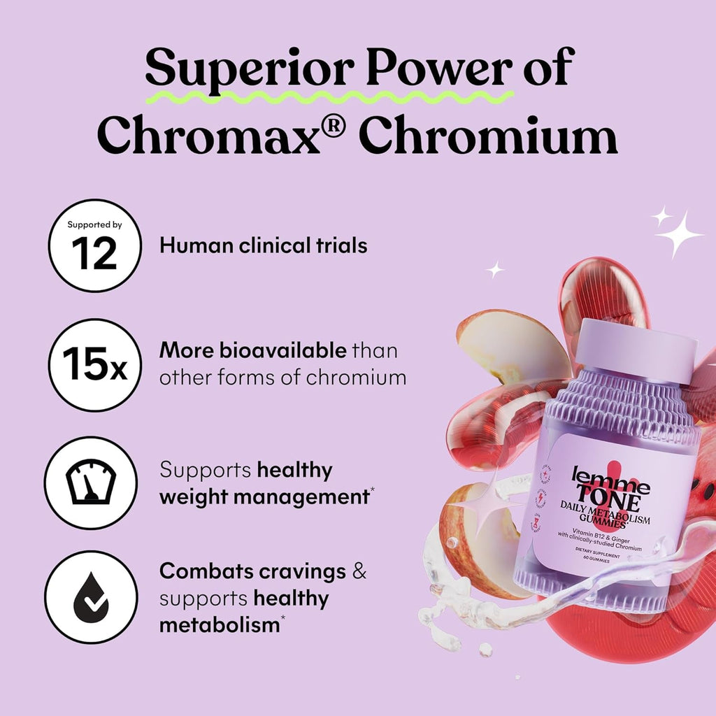 Lemme Tone Metabolism & Body Toning Gummies with Apple Cider Vinegar, Clinically Studied Chromium & B12, Blood Sugar & Weight Management Support, Watermelon Apple Flavor, 60 Count, 30-Day Supply
