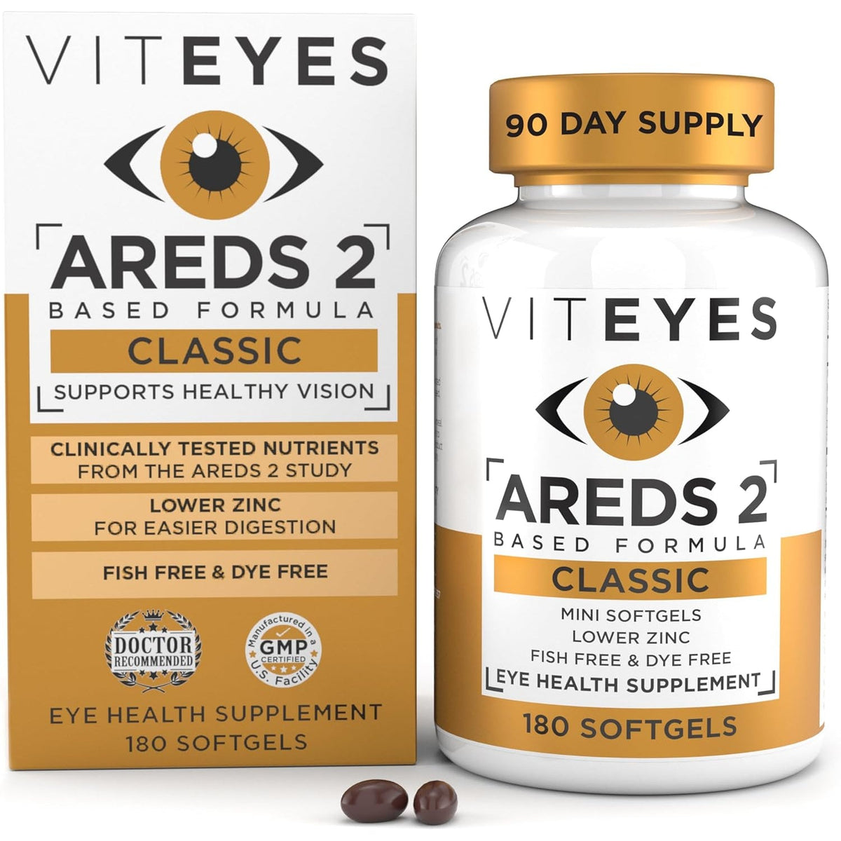Viteyes AREDS 2 Classic Macular Health Formula Softgels, Eye Health Vitamin to Support Macular Health, Lower Zinc, Eye Vitamins, Macular Vitamins, Beta-Carotene Free, 180 Softgels