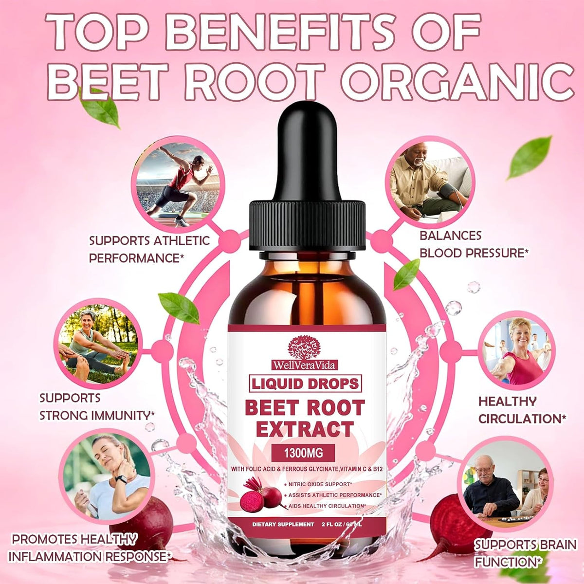 Beetroot Supplement, Organic Beet Root Extract Drops W/Iron Folic Acid, Vitamin B12 & C for Nitric Oxide Production & Healthy Blood Pressure, Superior Liquid to Beet Root Capsules or Powder丨Sugar Free