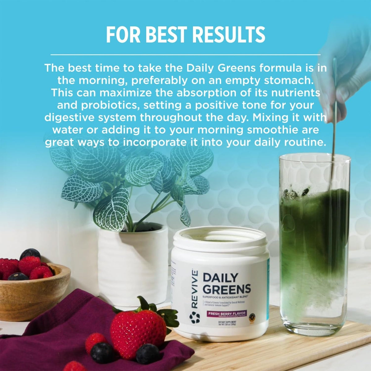 Revive MD Daily Green Powder Superfood (Fresh Berry) - Supergreens Powder to Support Energy Levels - Green Juice That Improves Fiber Intake - Vegetable Supports Digestion and Gut Health (30 Servings)