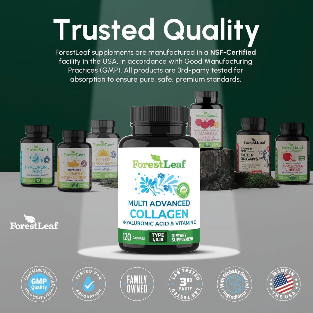 Forestleaf Multi Collagen Pills with Hyaluronic Acid + Vitamin C | Hydrolyzed Collagen Supplements for Women or Men | Multi Collagen Capsules Peptides for Skin, Wrinkles, 120 Caps