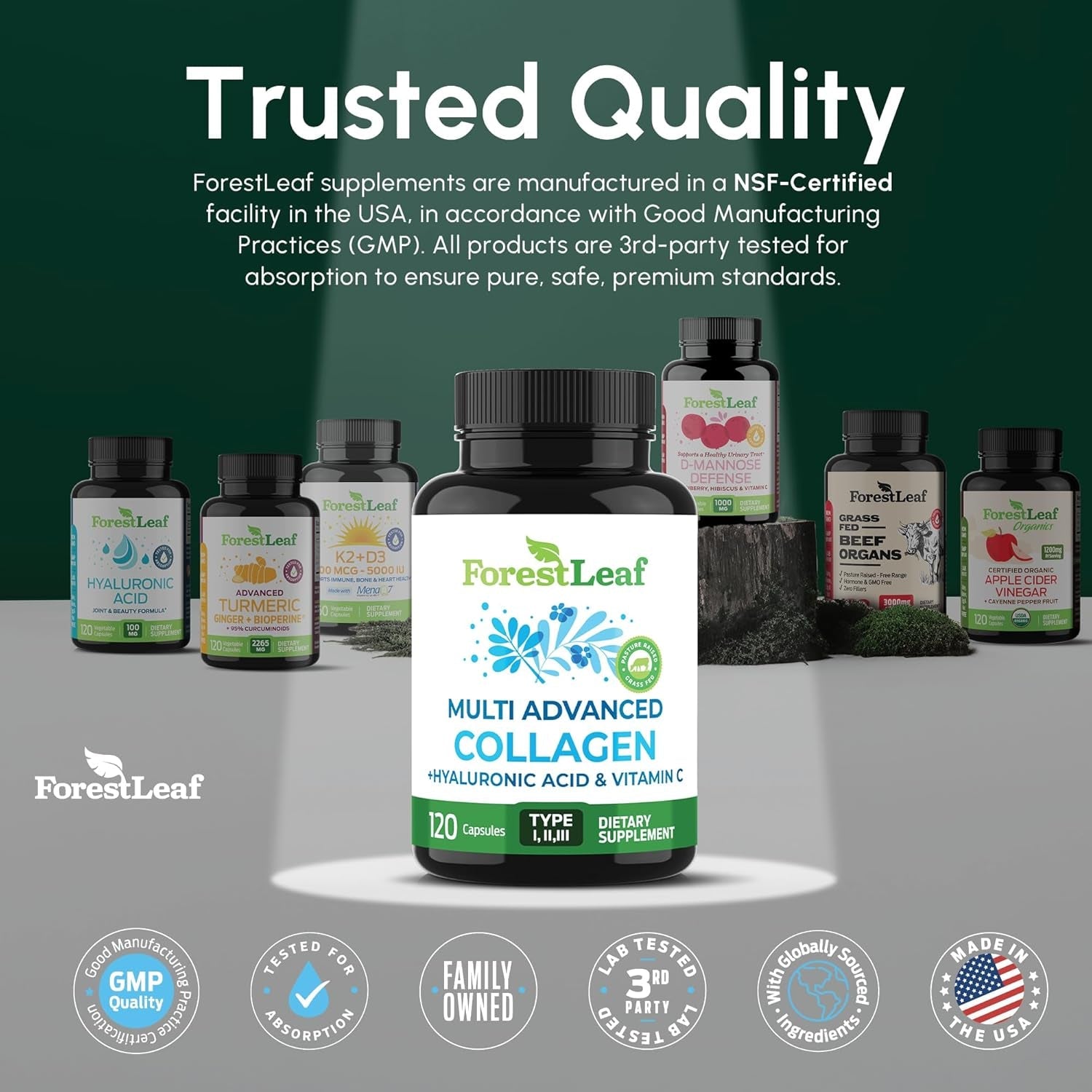 Forestleaf Multi Collagen Pills with Hyaluronic Acid + Vitamin C | Hydrolyzed Collagen Supplements for Women or Men | Multi Collagen Capsules Peptides for Skin, Wrinkles, 120 Caps