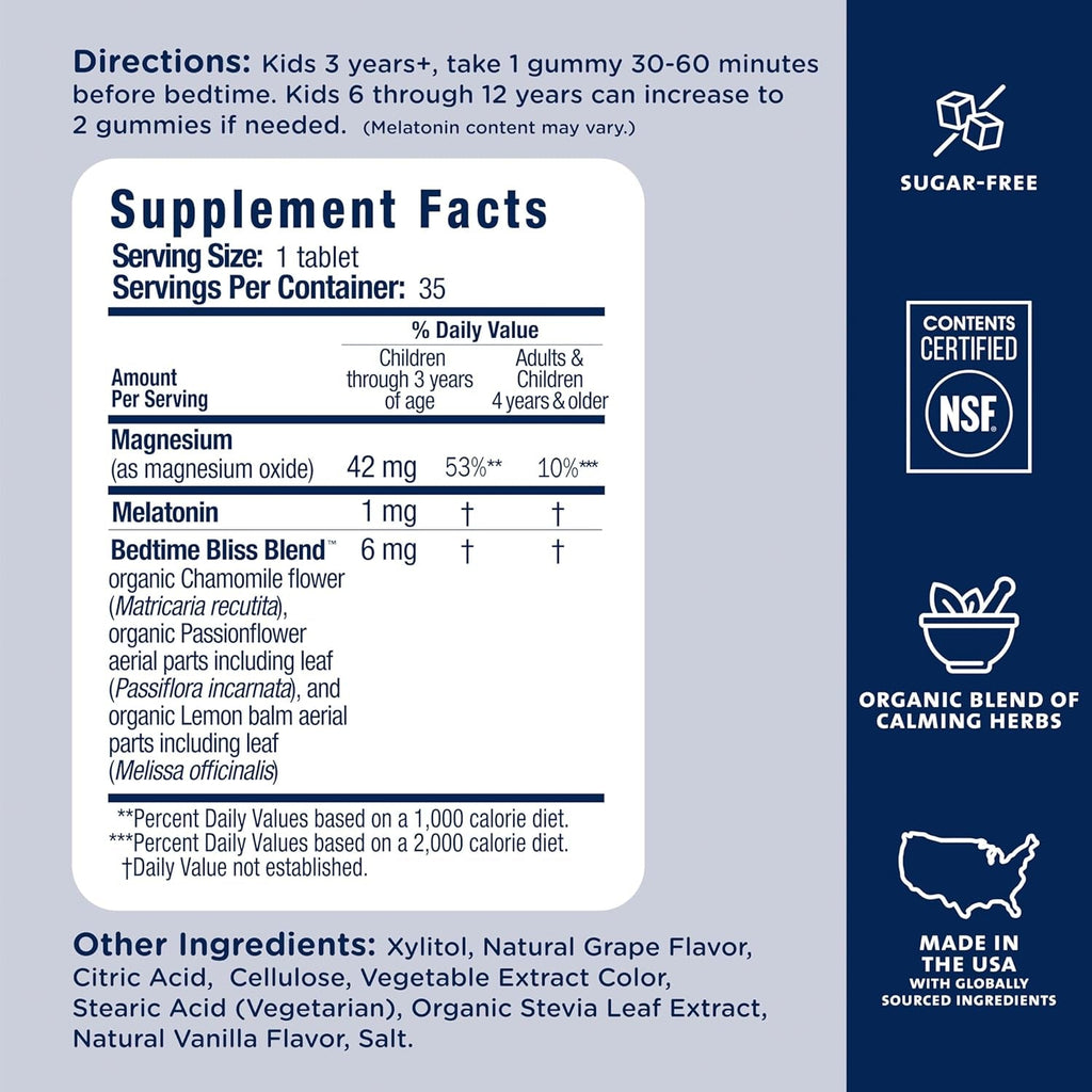 Mommy'S Bliss Kids Sleep Chewable Tablets, Melatonin, Magnesium & Calming Herbs, Grape Flavor, Sugar Free Kids Melatonin, Age 3+ (35 Servings), 35 Count (Pack of 1)