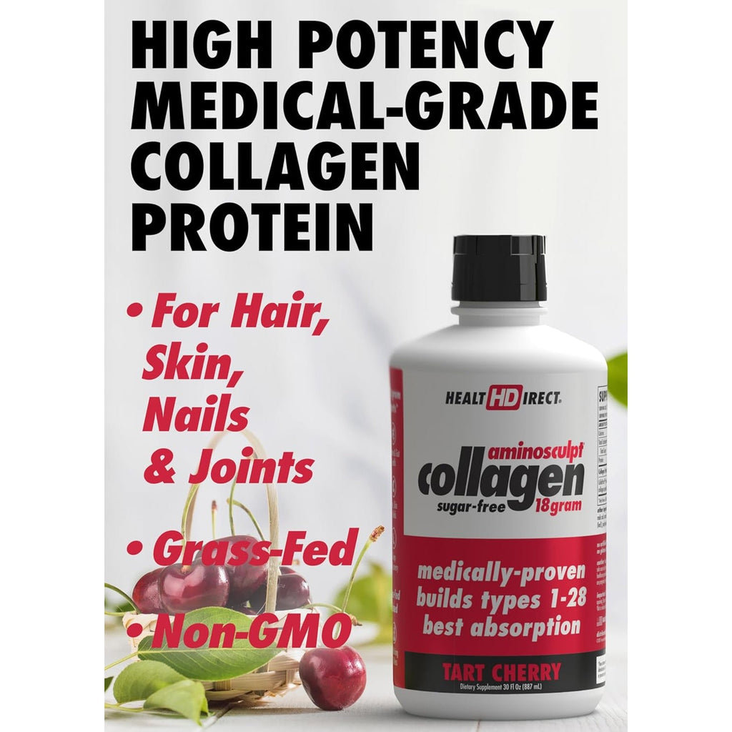 HEALTH DIRECT Aminosculpt Sugar-Free Collagen Supplement - High Potency Medical-Grade Protein for Hair, Skin, Nails & Joints, Grass-Fed, Non-Gmo, Liquid Collagen - Tart Cherry - 30 Fl Oz