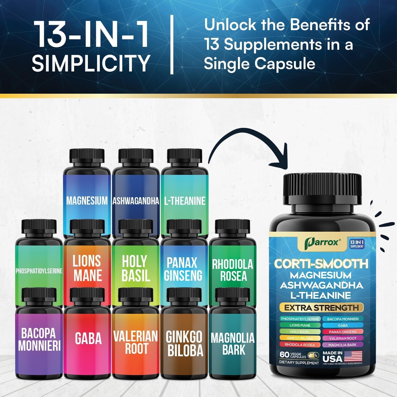 Corti-Smooth Cortisol Supplement Magnesium, L-Theanine, Ashwagandha, Phosphatidylserine, Valerian Root, Lions Mane, Bacopa Monnieri, Ginkgo Biloba, Panax Ginseng, Magnolia Bark, GABA (60 Caps)