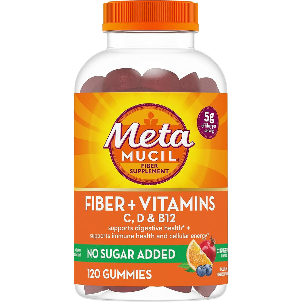 Metamucil Fiber Gummies for Adults with Vitamins C, D, B12 for Metabolism, No Sugar Added Citrus Berry Flavor, 5G Plant Based Prebiotic Fiber Supplement Blend, 120 Count