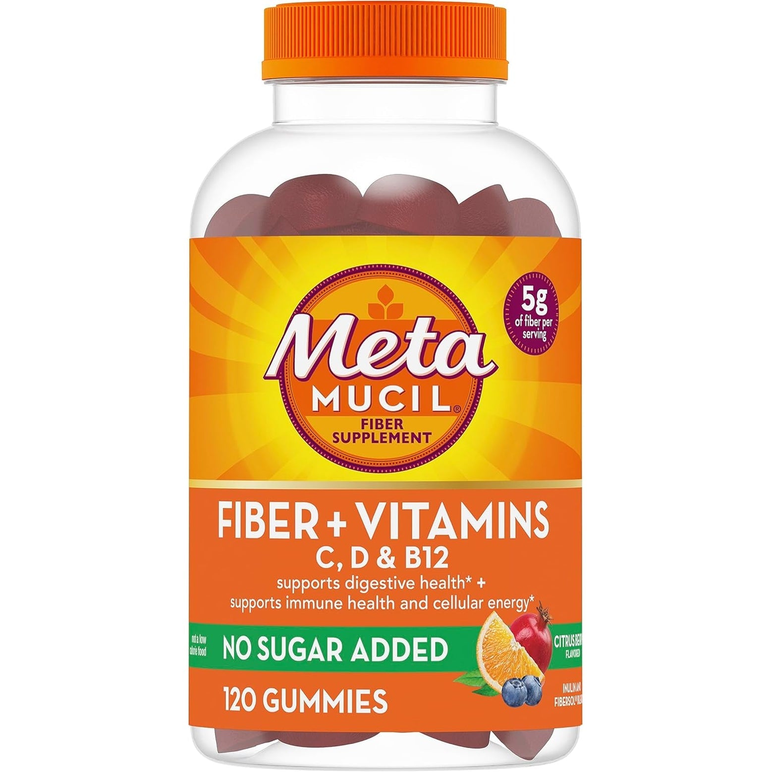 Metamucil Fiber Gummies for Adults with Vitamins C, D, B12 for Metabolism, No Sugar Added Citrus Berry Flavor, 5G Plant Based Prebiotic Fiber Supplement Blend, 120 Count