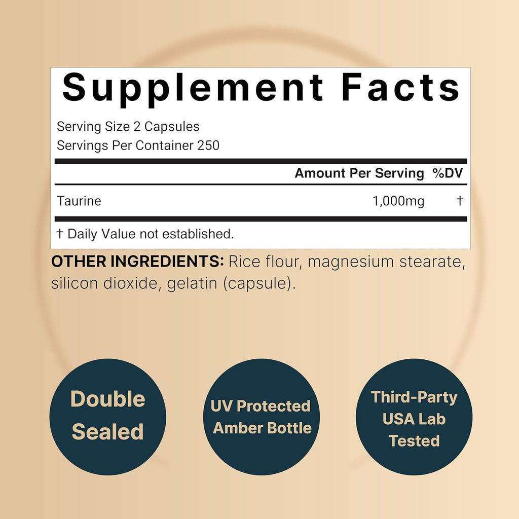Naturebell Taurine 1,000Mg per Serving, 500 Capsules | Essential Amino Acids Supplement – Double Strength – Antioxidant Support for Heart, Muscle, Brain, & Liver Health – Non-Gmo, Gluten Free
