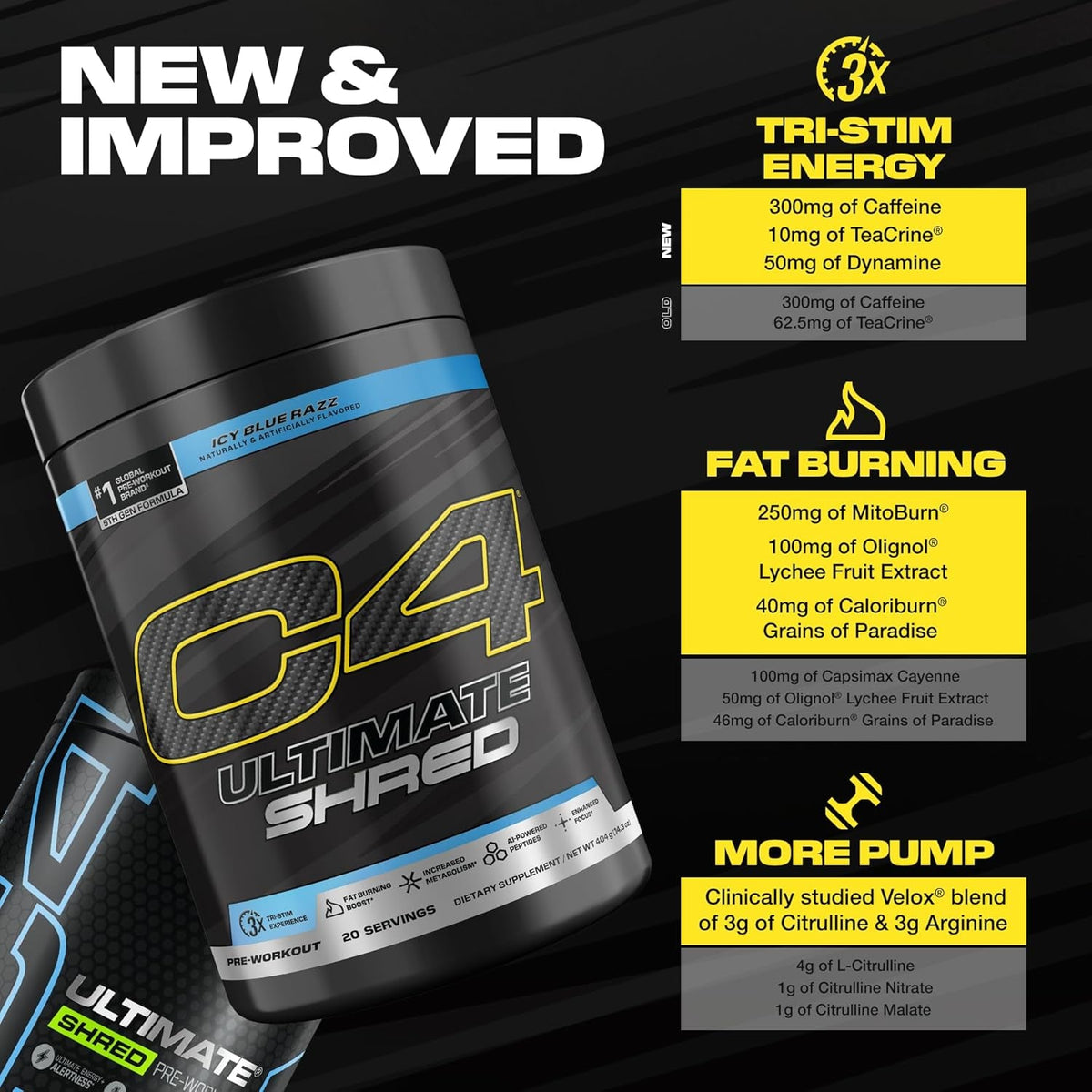 Cellucor C4 Ultimate Shred Pre Workout Powder, Fat Burner for Men & Women, Weight Loss Supplement with Ginger Root Extract, Icy Blue Razz, 20 Servings