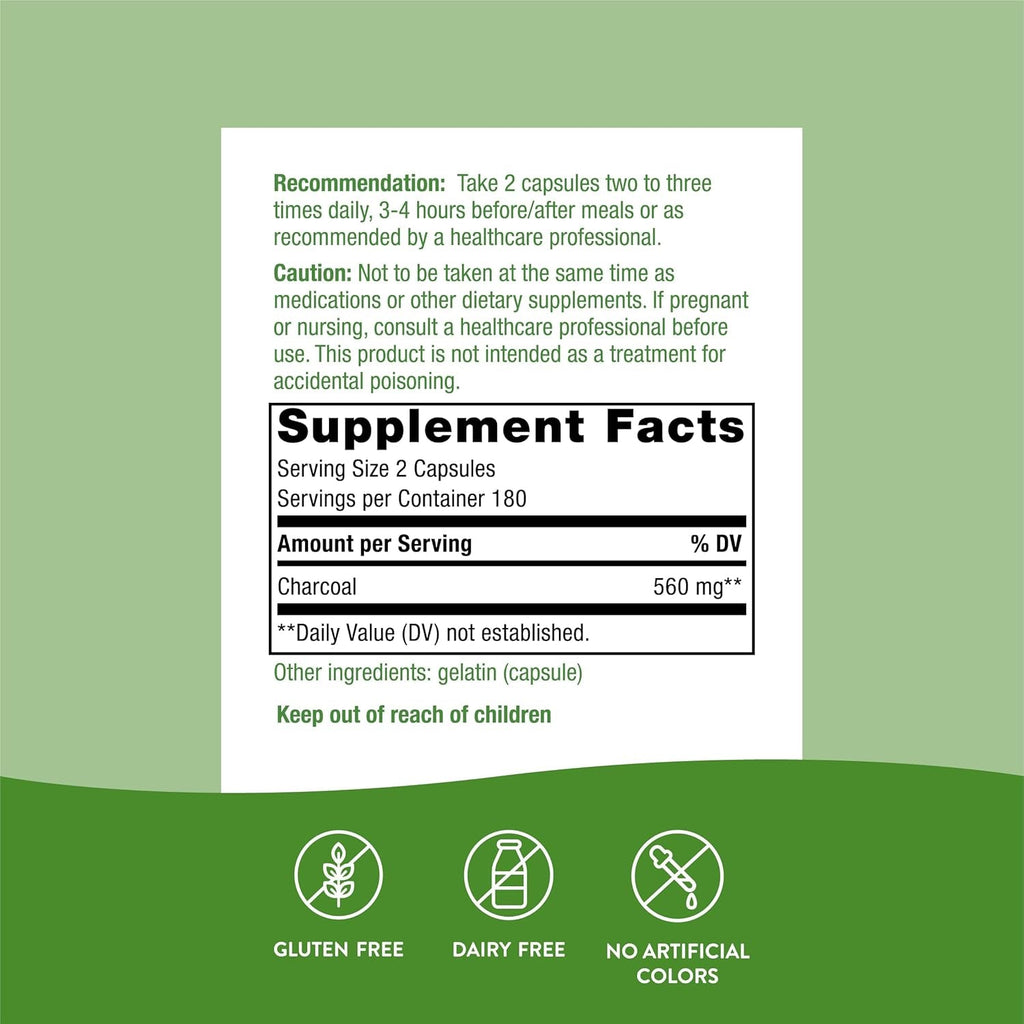Nature'S Way Activated Charcoal, Binds Unwanted Materials and Gas*, 560Mg per Serving, 360 Capsules