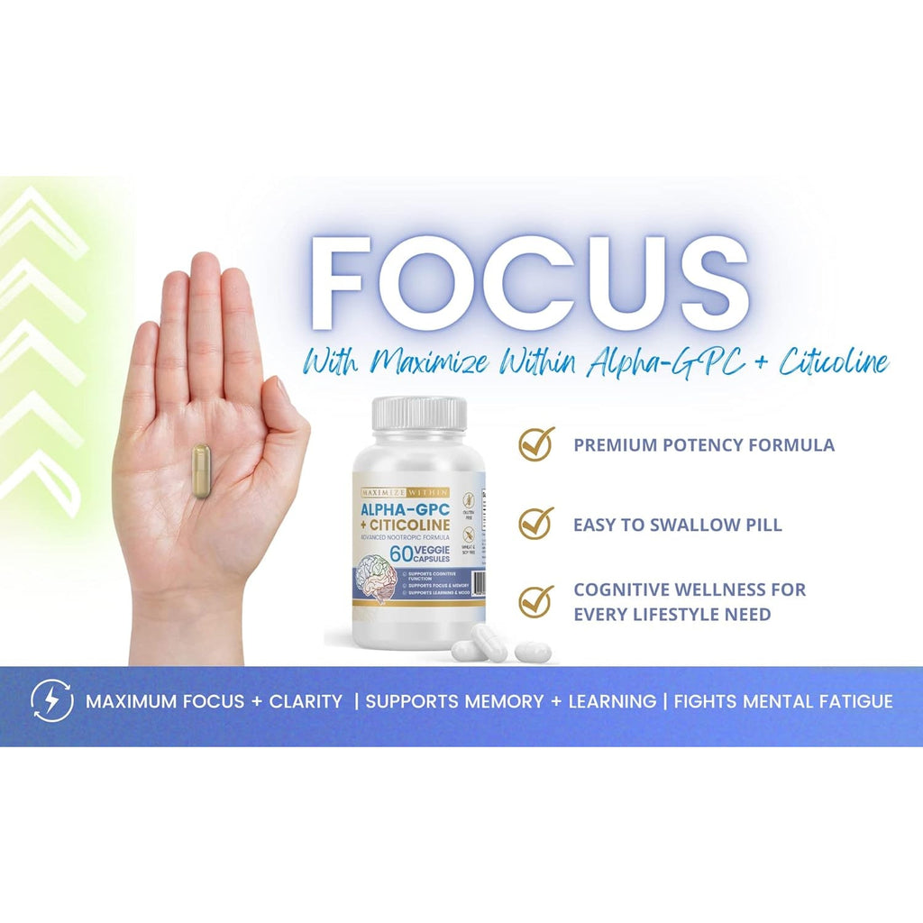 Alpha GPC + Citicoline 60 Ct, 1600Mg Concentrated Formula- 99%+Highly Purified & Bioavailable Nootropic-Cognitive Enhancer, Supports Memory, Brain Function, Boosts Focus, Mood & Energy