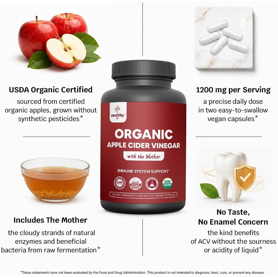 Organic Apple Cider Vinegar with the Mother – 1200Mg Capsules for Optimal Wellness, Gluten-Free, Non-Gmo, 120 Veggie Capsules – Zealthy Life