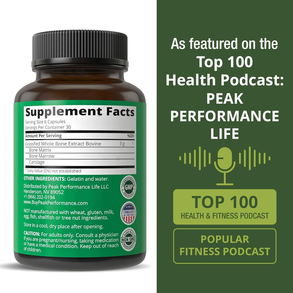 Peak Performance Grass Fed Bone Marrow - Whole Extract Supplement 180 Capsules - Superfood Pills Rich in Collagen, Vitamins, and Amino Acids - from Matrix Cartilage - Ancestral Tablets