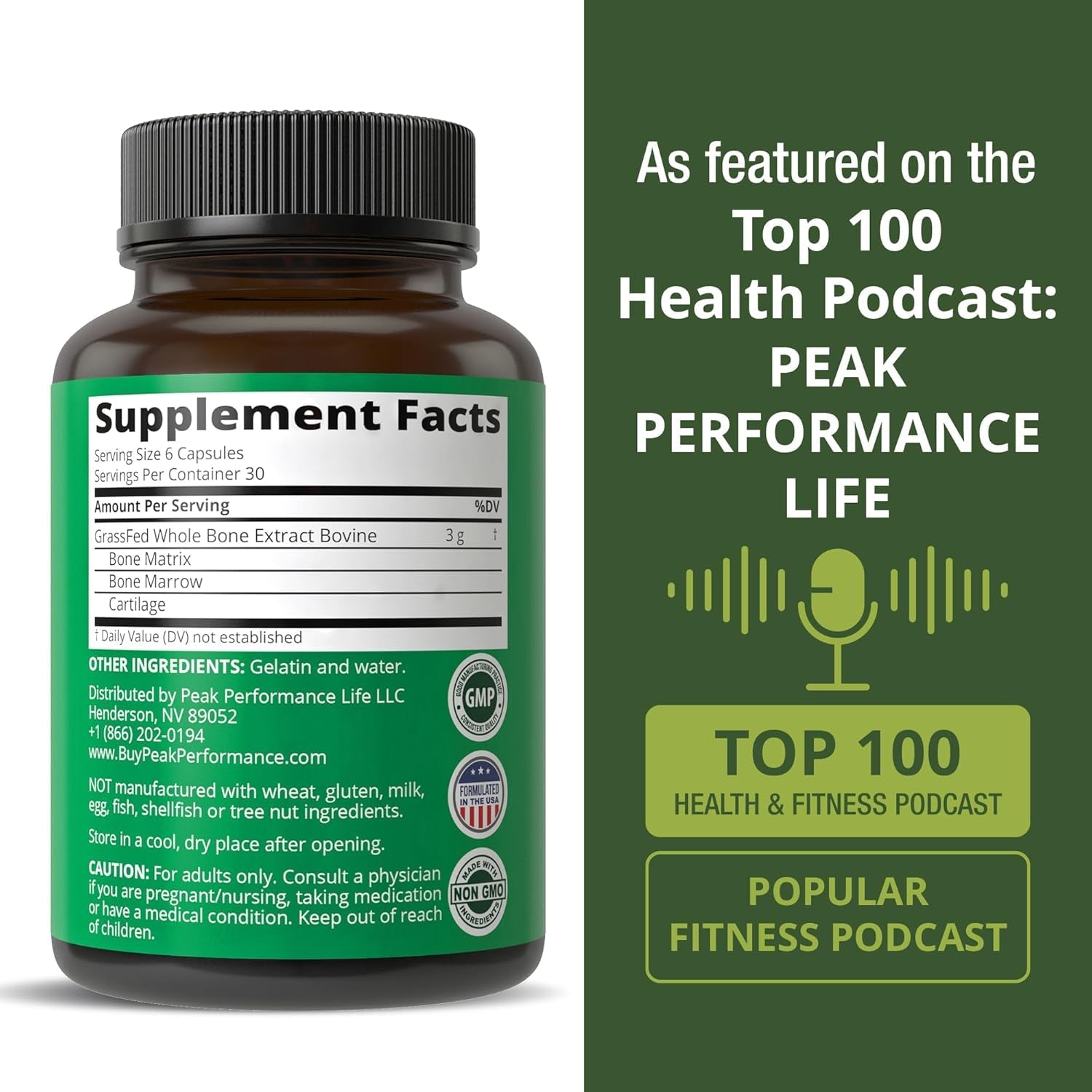 Peak Performance Grass Fed Bone Marrow - Whole Extract Supplement 180 Capsules - Superfood Pills Rich in Collagen, Vitamins, and Amino Acids - from Matrix Cartilage - Ancestral Tablets