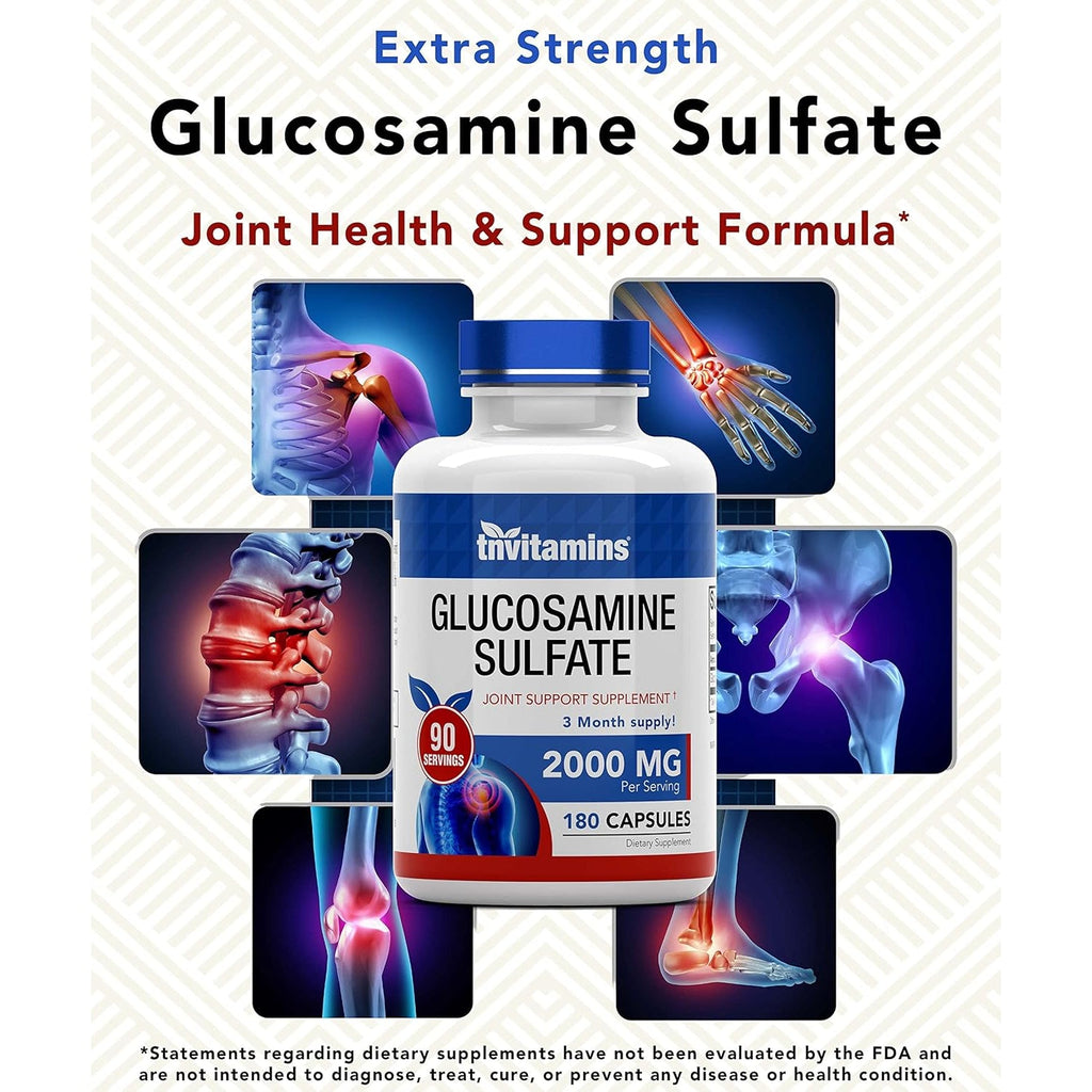 Tnvitamins Glucosamine Sulfate Capsules 2000 MG (180 Count) | Joint Support* Supplement for Women & Men | Produced in the USA | Promotes Flexibility & Mobility