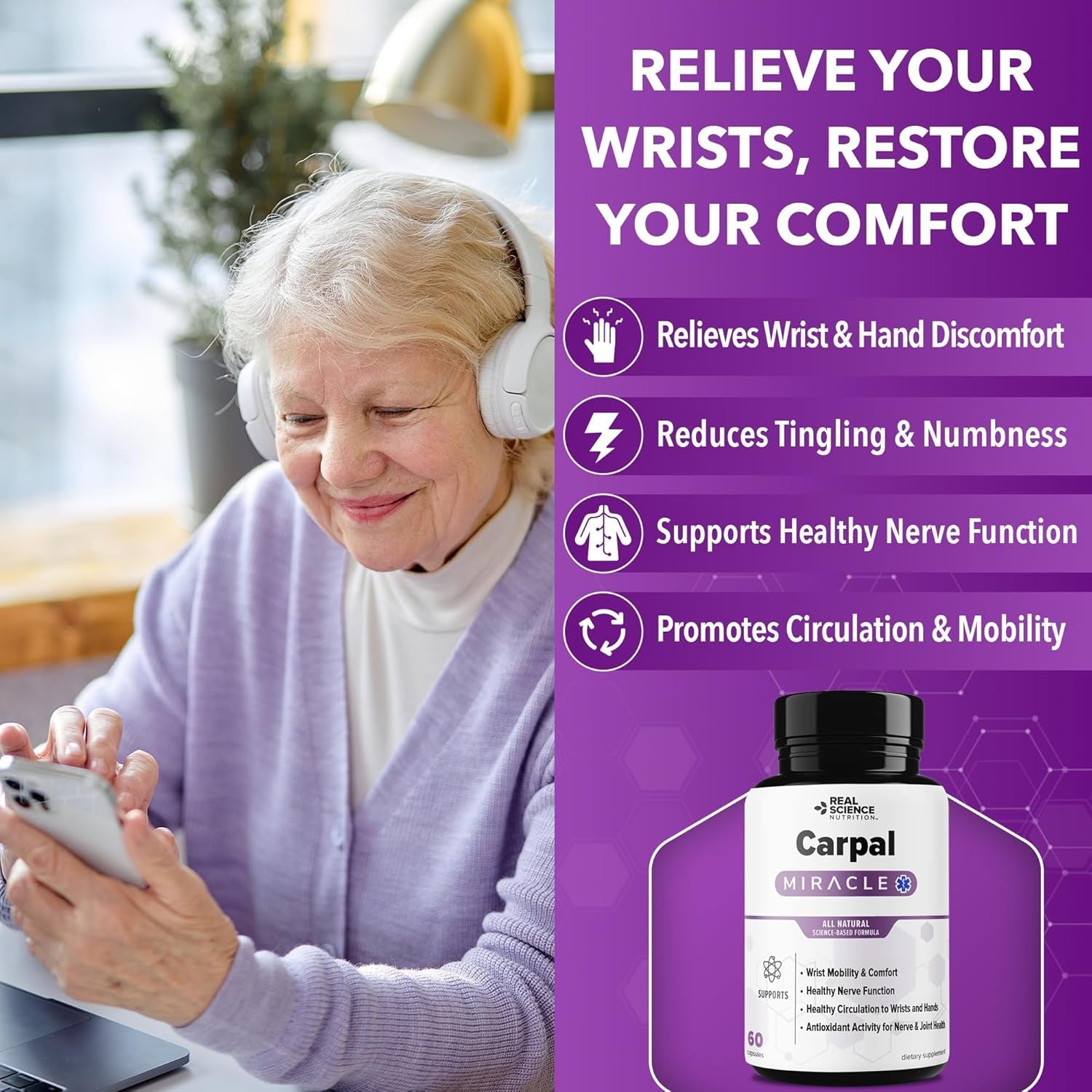 Real Science Carpal Miracle – All Natural Carpal Tunnel Relief & Wrist Support Supplement with Vitamins B6, B12, C, D, K + GABA – Hand & Nerve Comfort – Made in USA, 60 Caps
