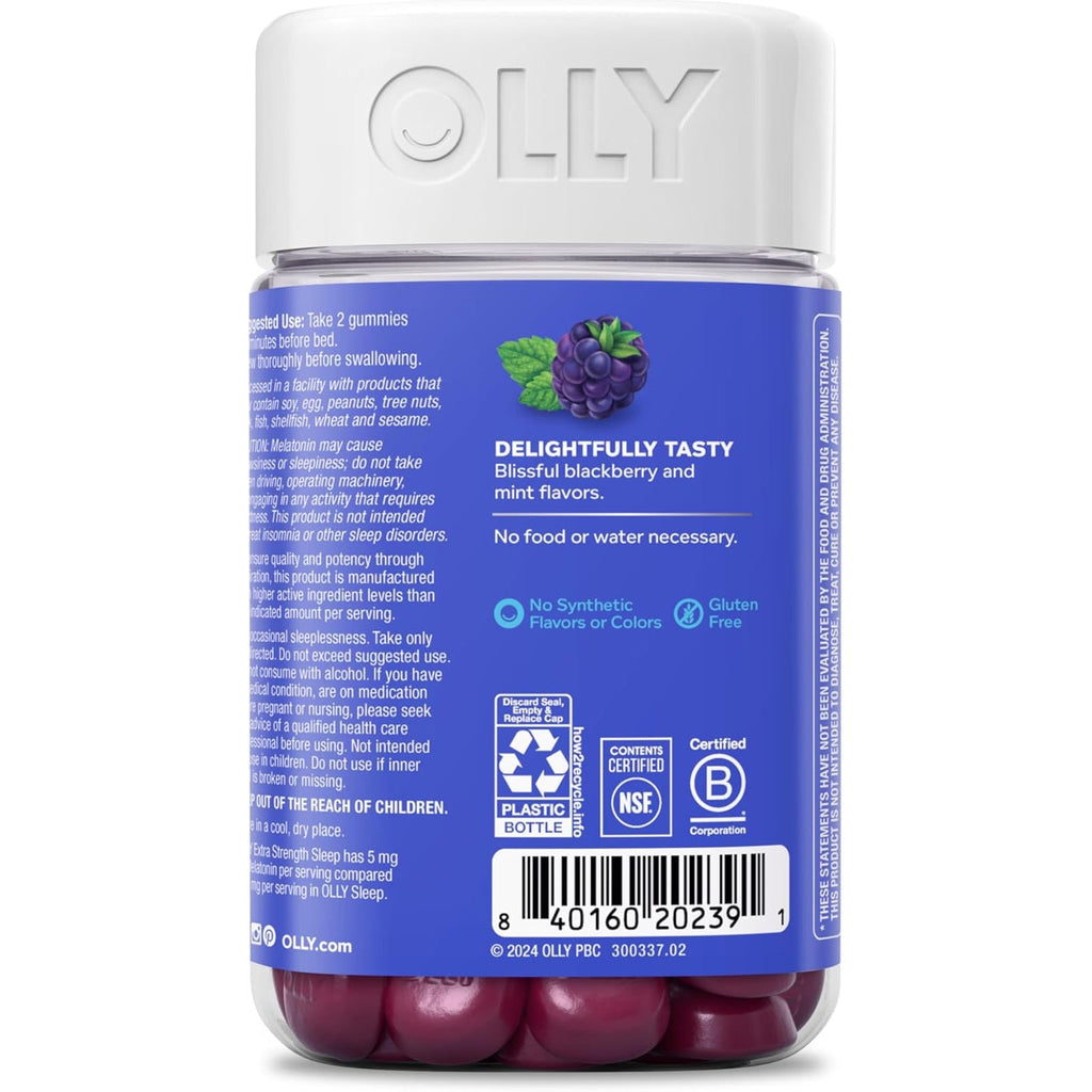 OLLY Extra Strength Sleep Gummy 5 Mg Melatonin, L-Theanine, Chamomile, Lemon Balm Extracts, Sleep Aid, Blackberry Flavor - 90 Count
