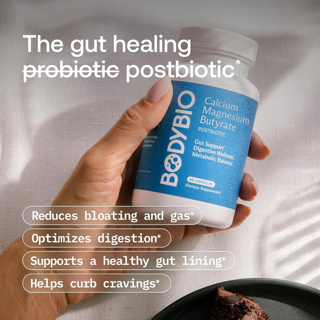 Bodybio Butyrate - Postbiotic for Gut Health, Digestive Support, Bloat, Gas & Constipation Relief, Leaky Gut Repair - Calcium, Magnesium + Butyric Acid Supplement for GI Wellness - 100 Capsules