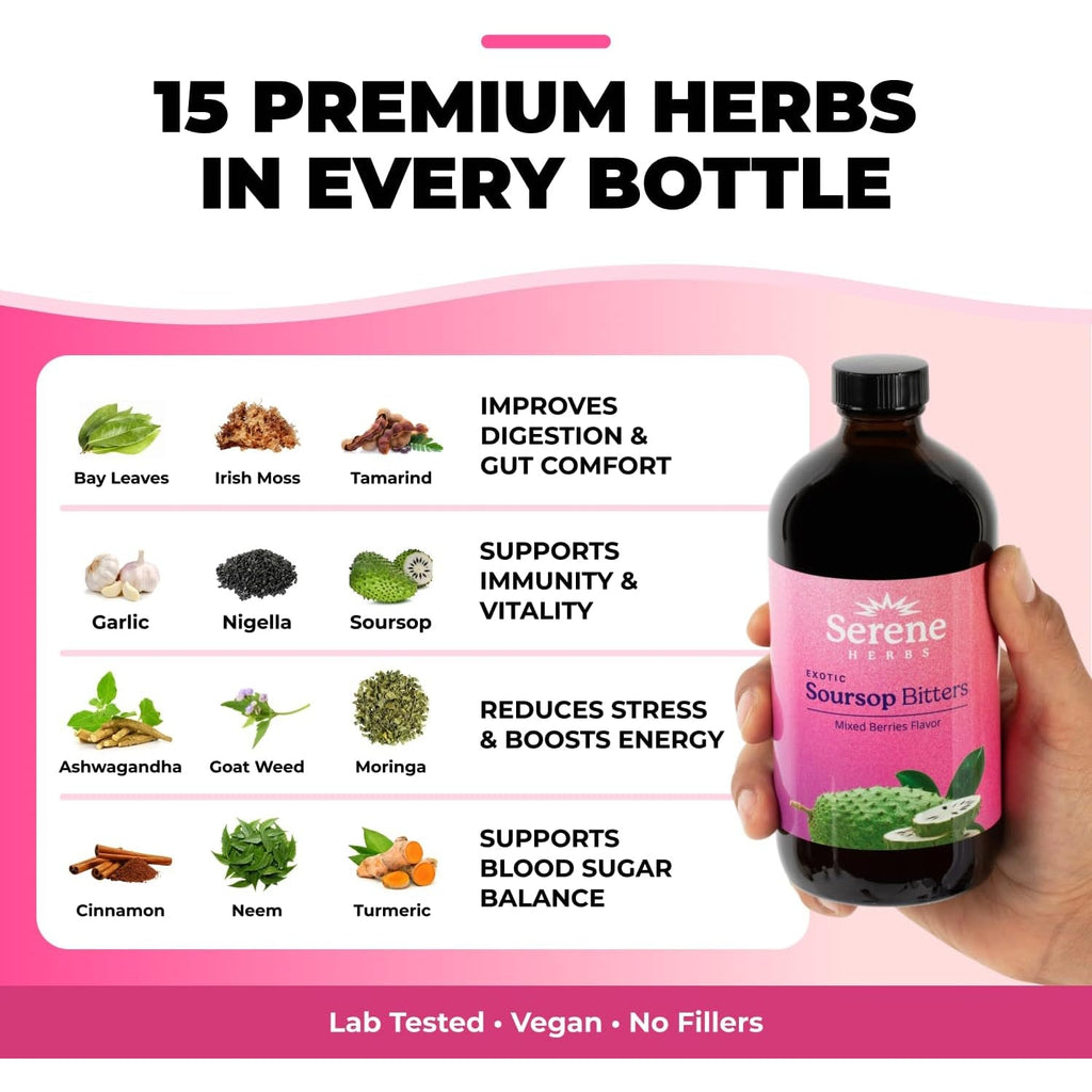 Serene Herbs Soursop Bitters Liquid with Soursop Leaves for Gut Cleanse, Detox & Immune Boost with Black Seed, Moringa, Irish Moss, Ashwaganda, Turmeric, 16 Fl Oz (16 Fl Oz (Pack of 1), Mixed Berry)
