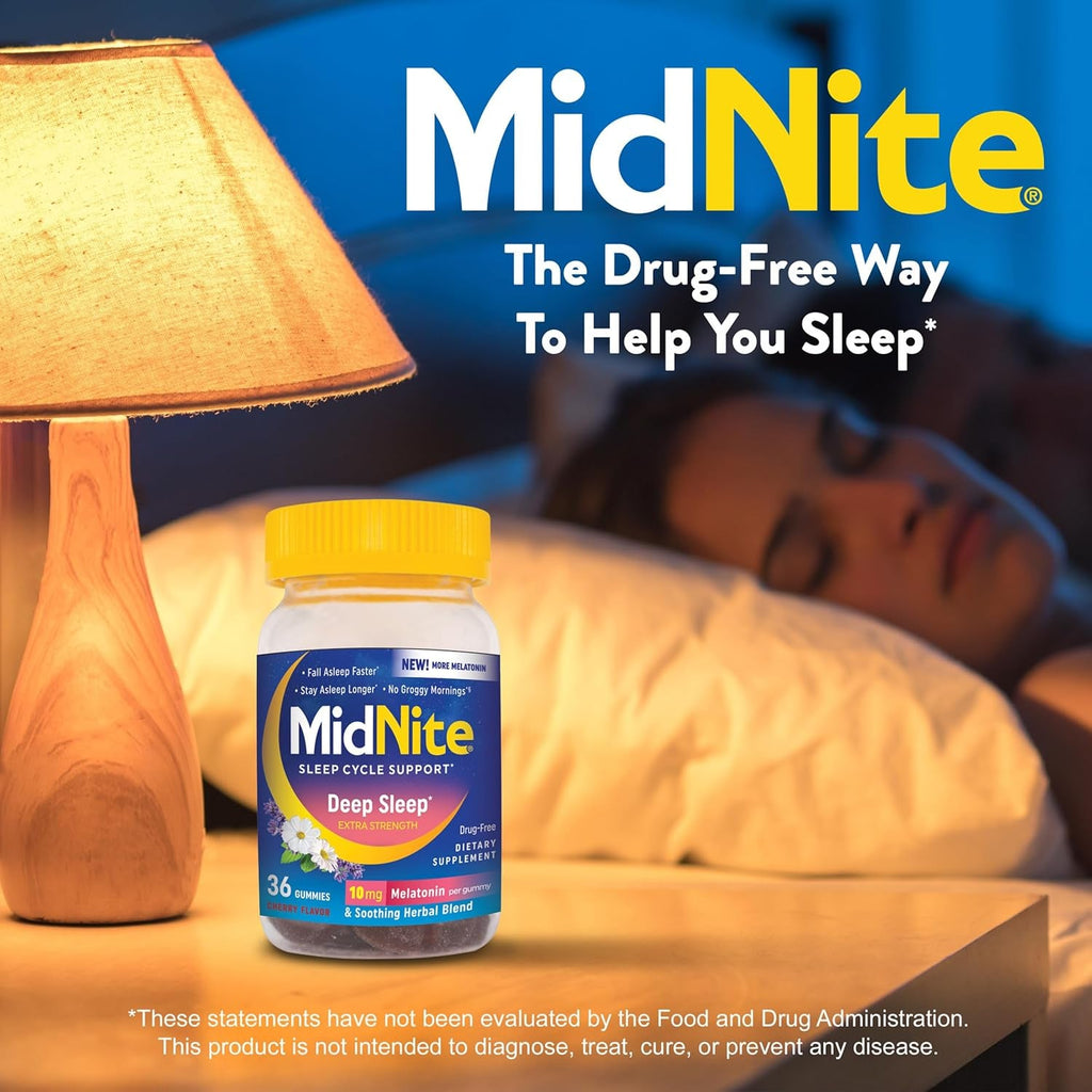 Midnite Deep Sleep Extra Strength, 10 Mg Melatonin Sleep Aid, Non-Habit Forming, Herbal Dietary Supplement for Adults, Drug-Free, Gluten-Free, and Lactose-Free, Vegetarian-Friendly, 36 Gummies